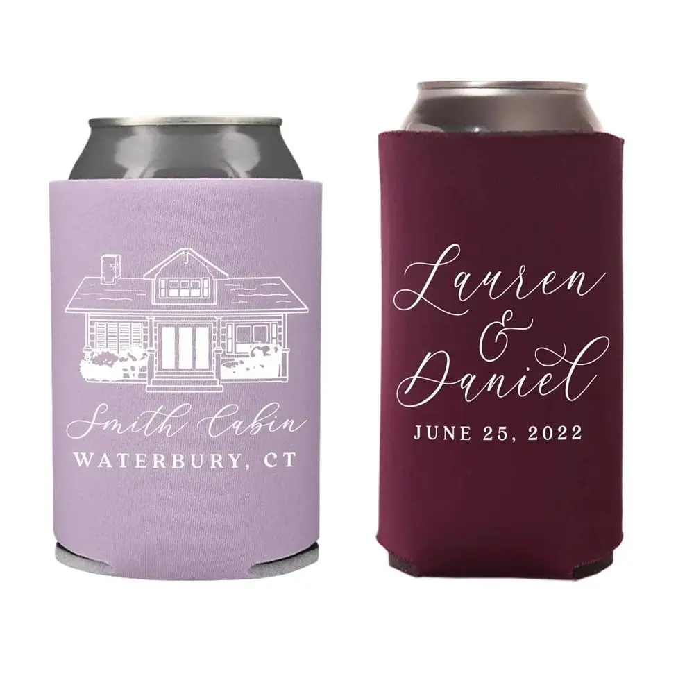 

Wedding Regular & Slim Can Cooler Package #191RS - Custom Venue Illustration - Wedding Favor Package, Wedding Favor, Beer Can Ho