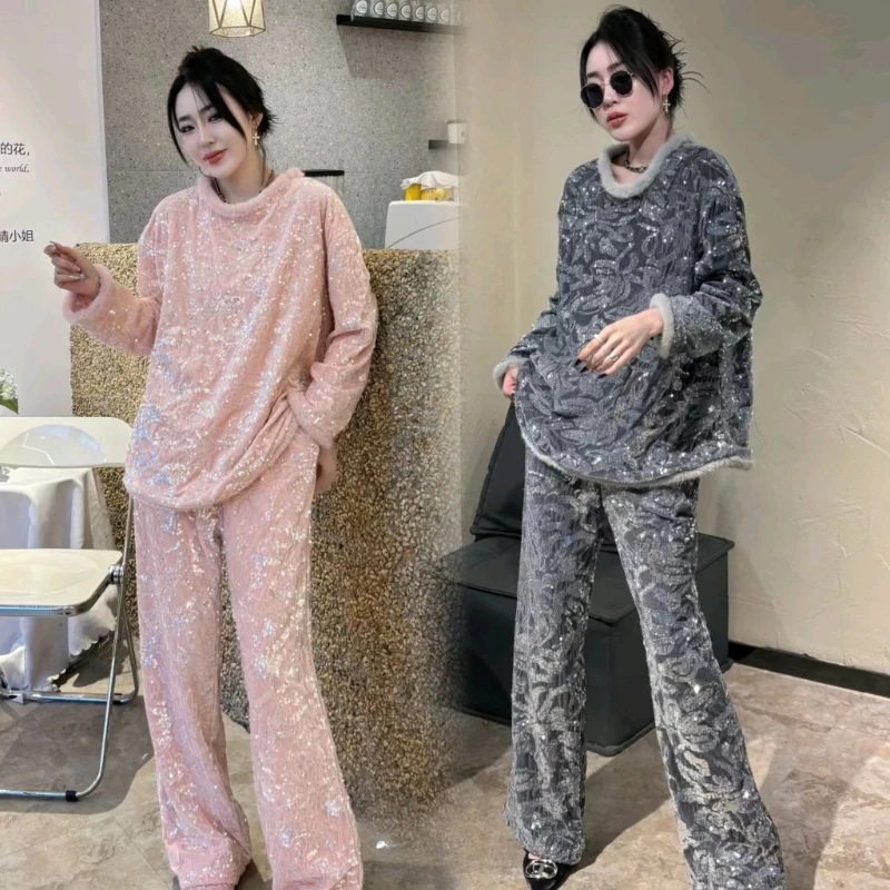 

Heavy Industry sequined sleeve mink fur top women's 2025 winter new style with fleece pants fashion two-piece set