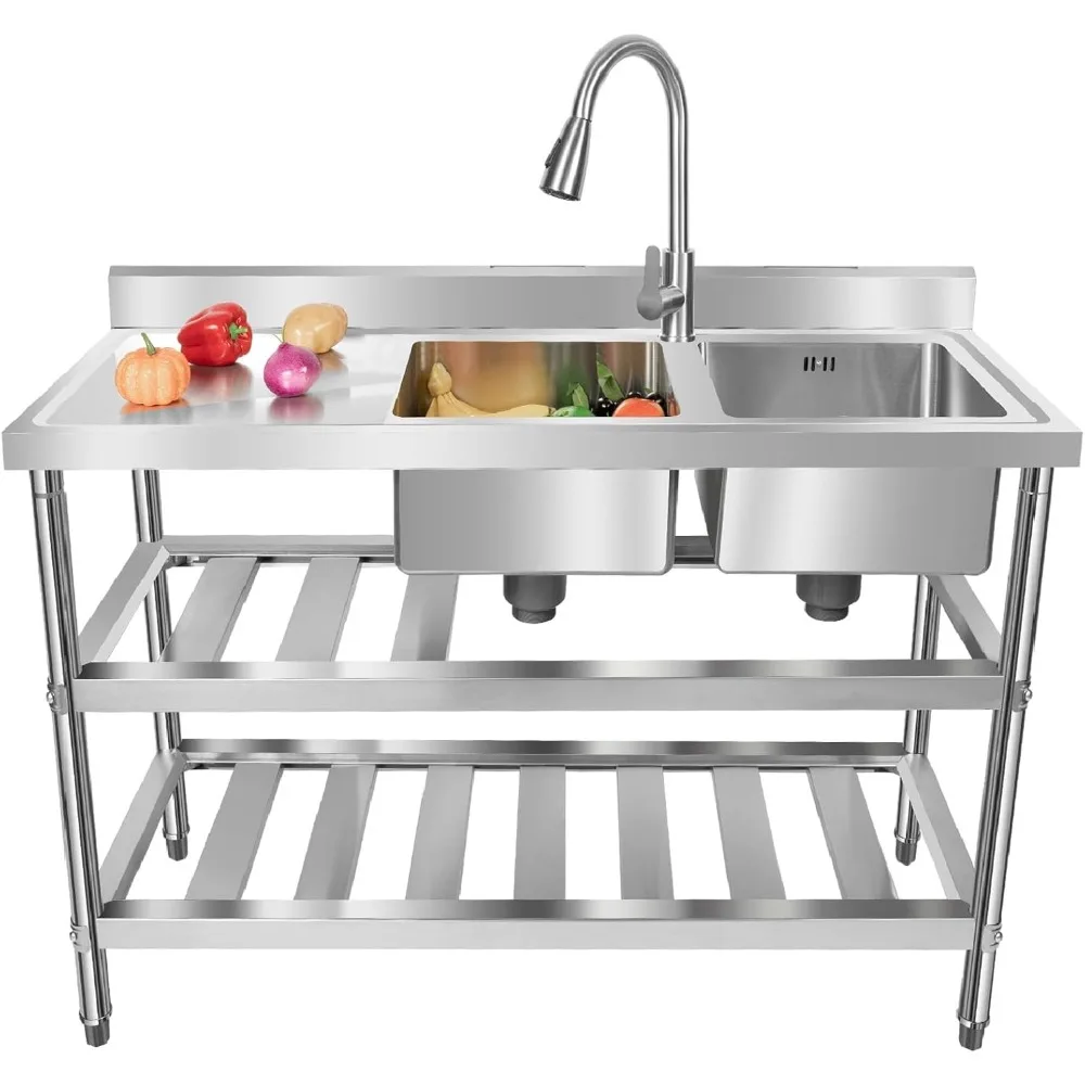

Кухонная мойка для ресторана, коммерческая отдельно стоящая кухонная мойка с 2 чашами и выдвижным краном, двойная чаша из нержавеющей стали 201