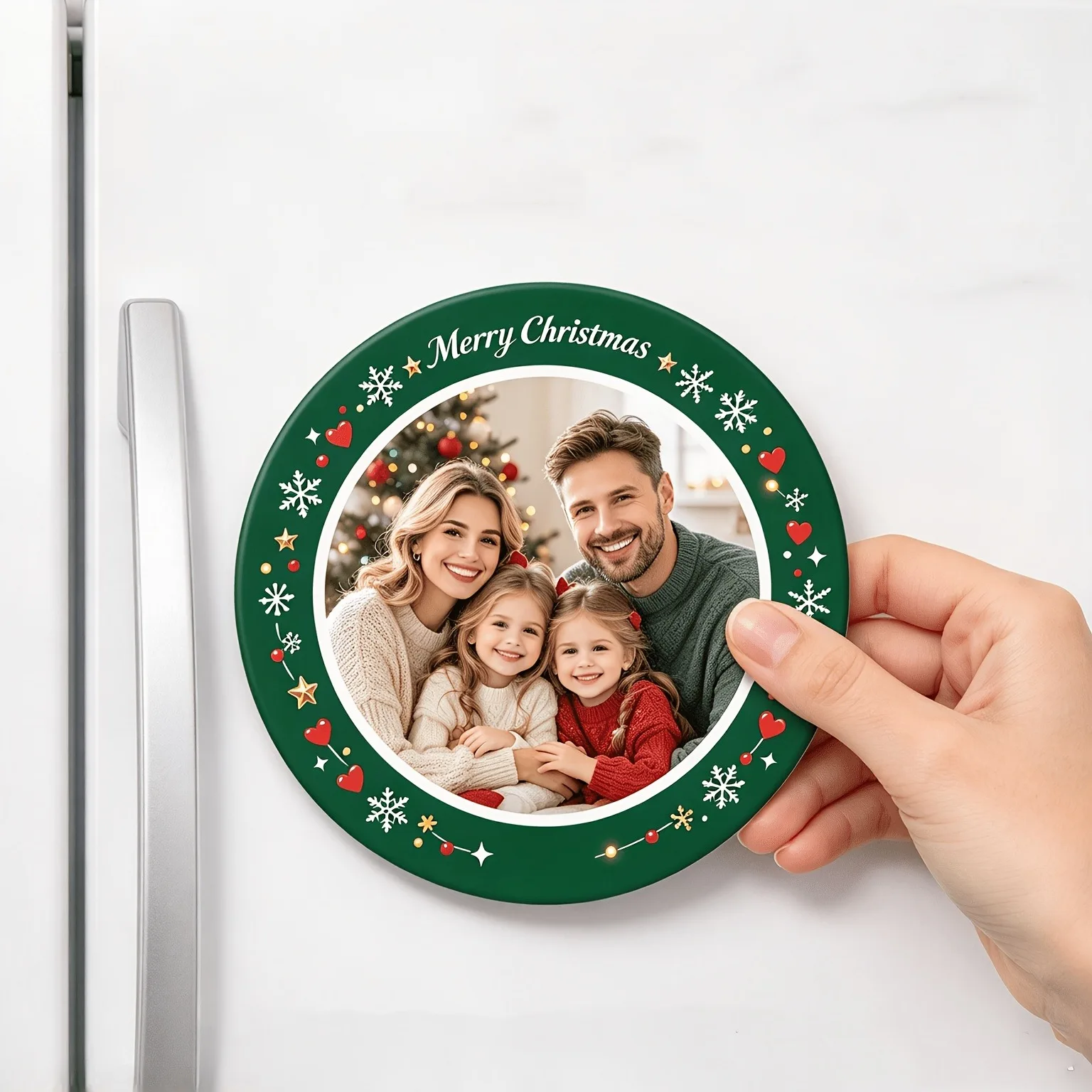 2D flat design, personalized photo frame decoration - custom image and name/date display, acrylic fridge magnet for Christmas tr