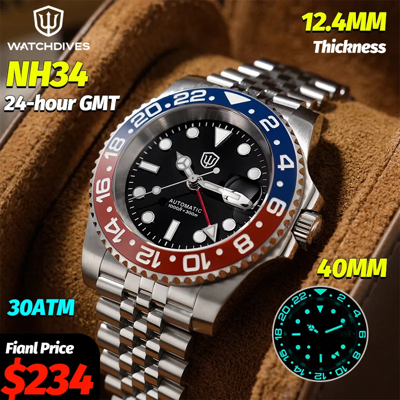 

Часы Watchdives WD16760 V2 GMT, автоматические часы для дайвинга NH34, водонепроницаемые до 300 м, с сапфировым стеклом, 24-кликовый светящийся безель, механические часы