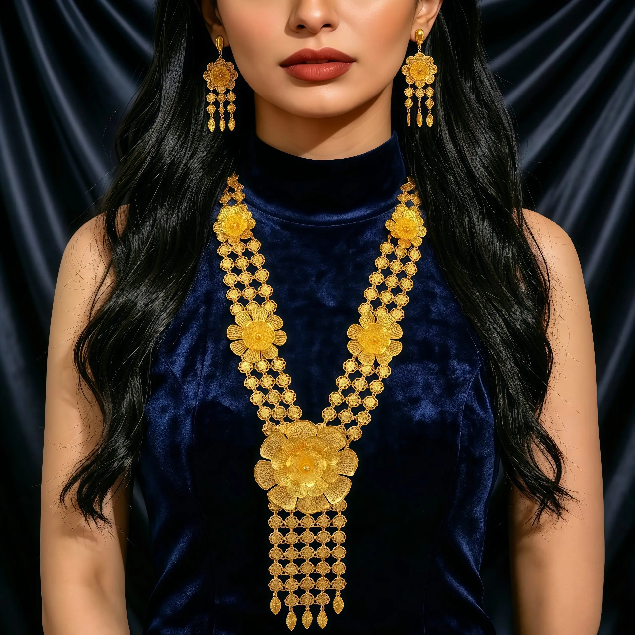 Luxuriöses Indisches 24k Goldfarbenes Langes Blumen-Halsketten- und Ohrring-Set für Bräute, Dubai Äthiopischer Schmuck, Ohrringe für Bankette und Geschenke – Detail 1