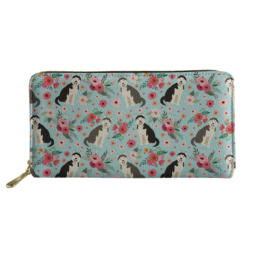 

Borsellino Donna Women Leather Wallet Cute Husky Dog Print Zipper Purse Ladies Card Holder Female Long Clutch Purse Money Bag