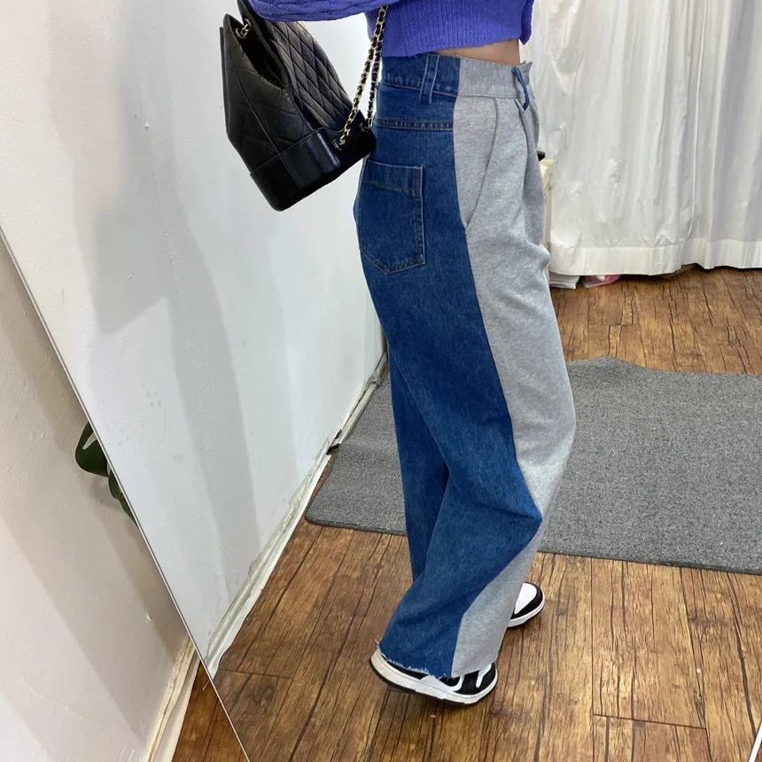 

Casual High Waist Wide Leg Jeans Color Block Design Loose Fit Women's Long Pants Straight Cut Blue Cotton Denim No Stretch
