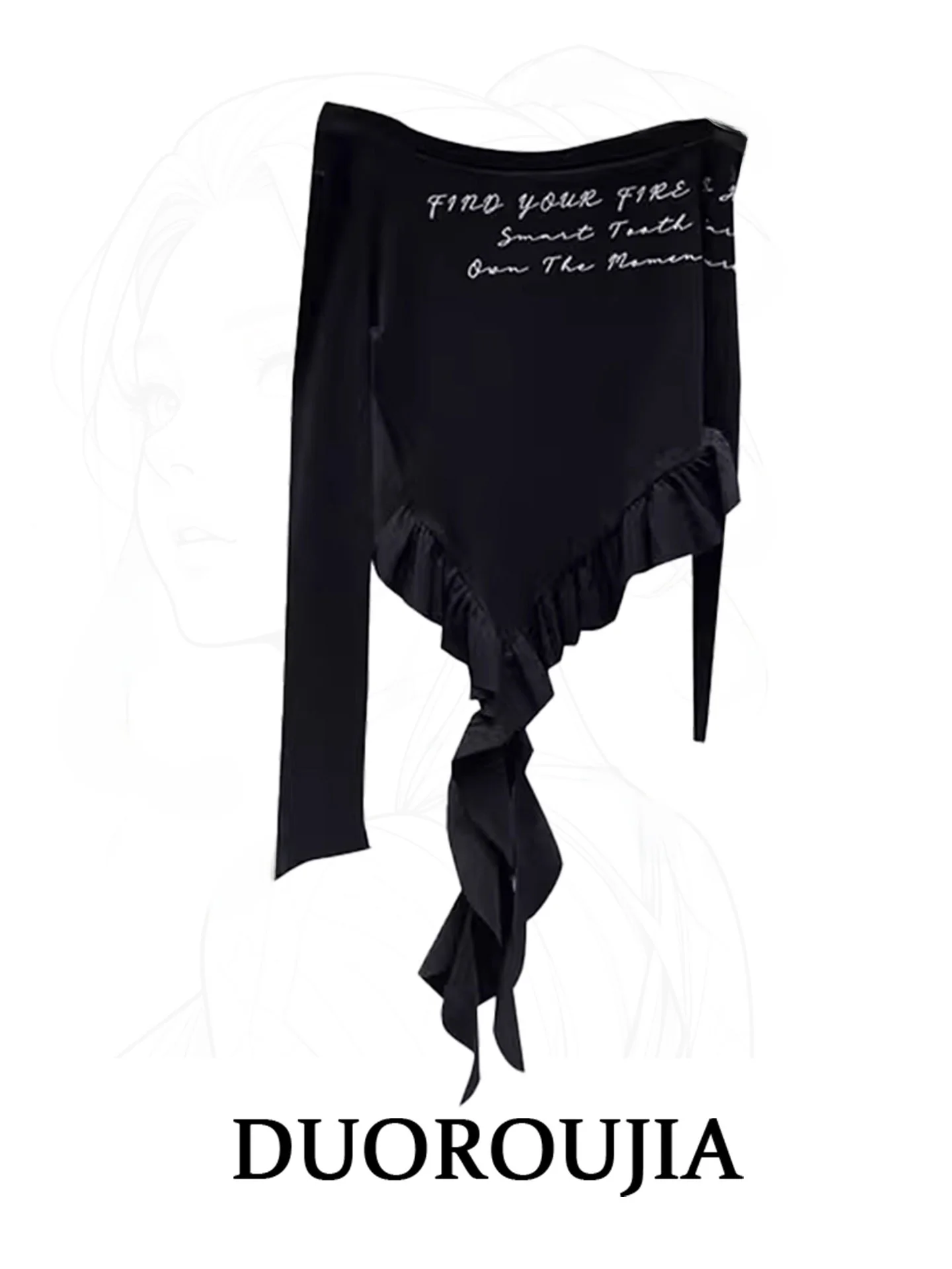 Camiseta de manga larga asimétrica con estampado de letras estilo americano de talla grande para mujer, top de cintura alta con flecos para principios de otoño