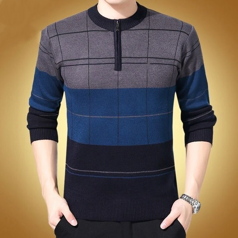 Men's Vintage Striped All-match Knitted Pullovers Autumn Winter Long Sleeve Zipper Patchwork Casual Sweaters Fashion Men Clothes