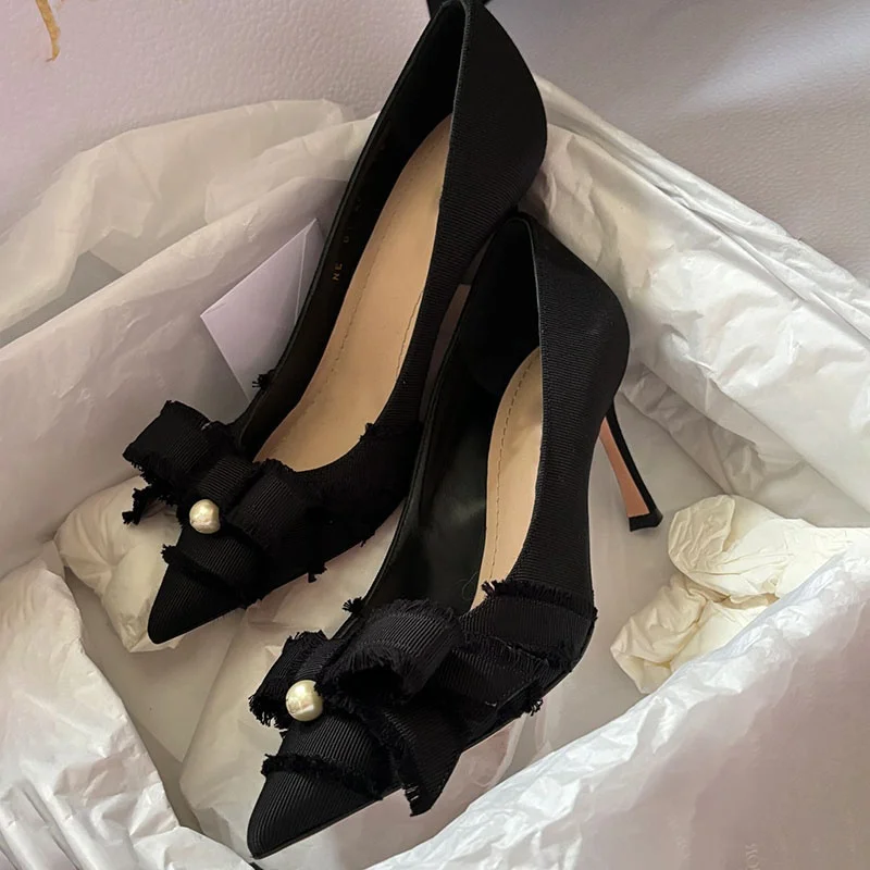 Black Bow Pumps Pearl Decor Pointed Toe High Heels Fashion Denim Slip On Summer Women Casual Party Dress Stiletto Daily Shoes