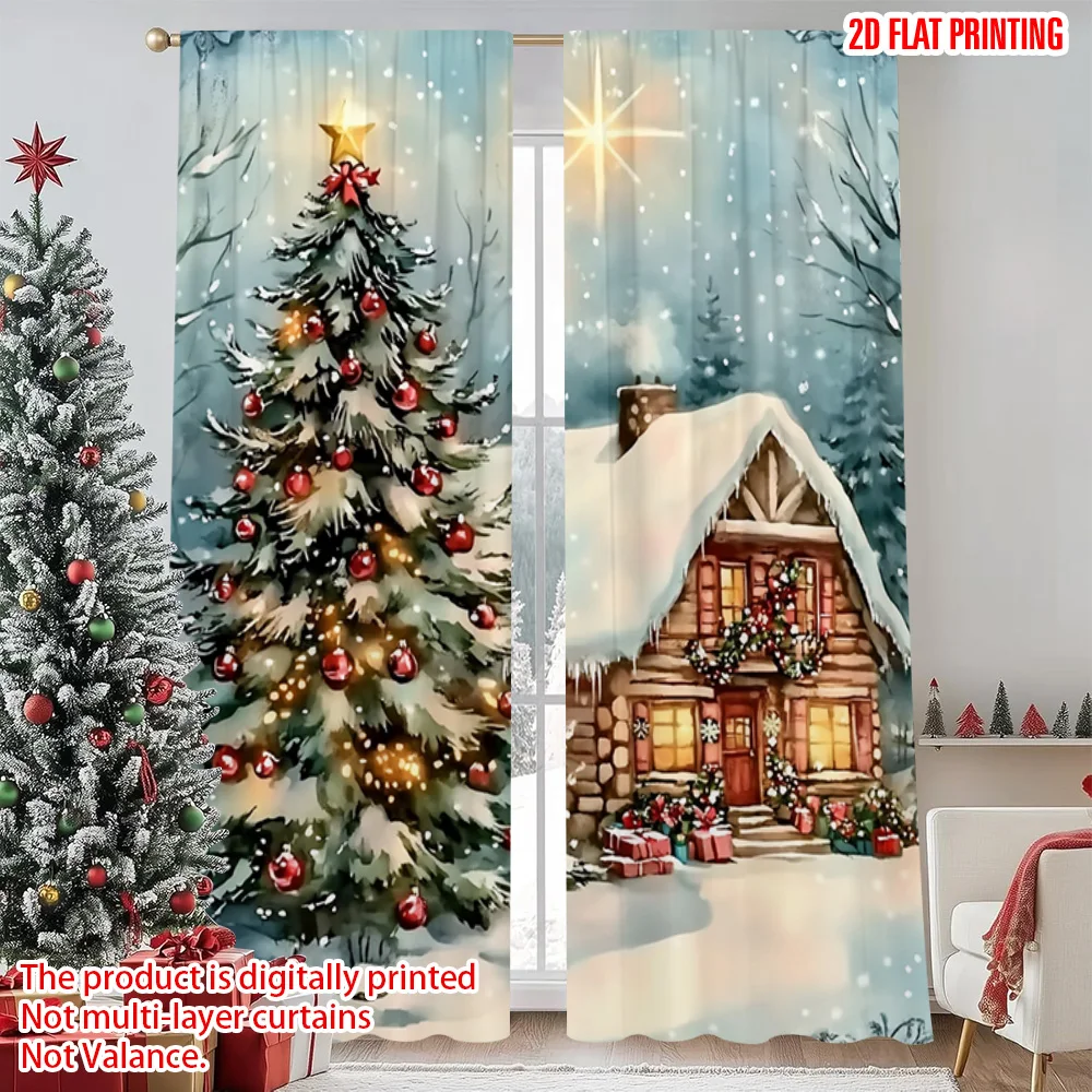 2pcs 2D flat printing Merry Christmas Scene Curtains Christmas Lodge Machine Washable Fabric Without Electricity Spring Party &