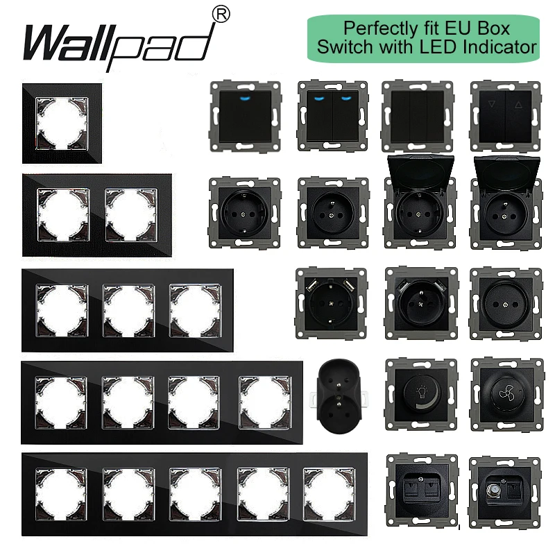 Wallpad 1/2/3/4/5 Power Socket EU Standard Electrical Outlet Black Crystal Glass Panel Wall Electrical Outlets 16A 250V EU Box