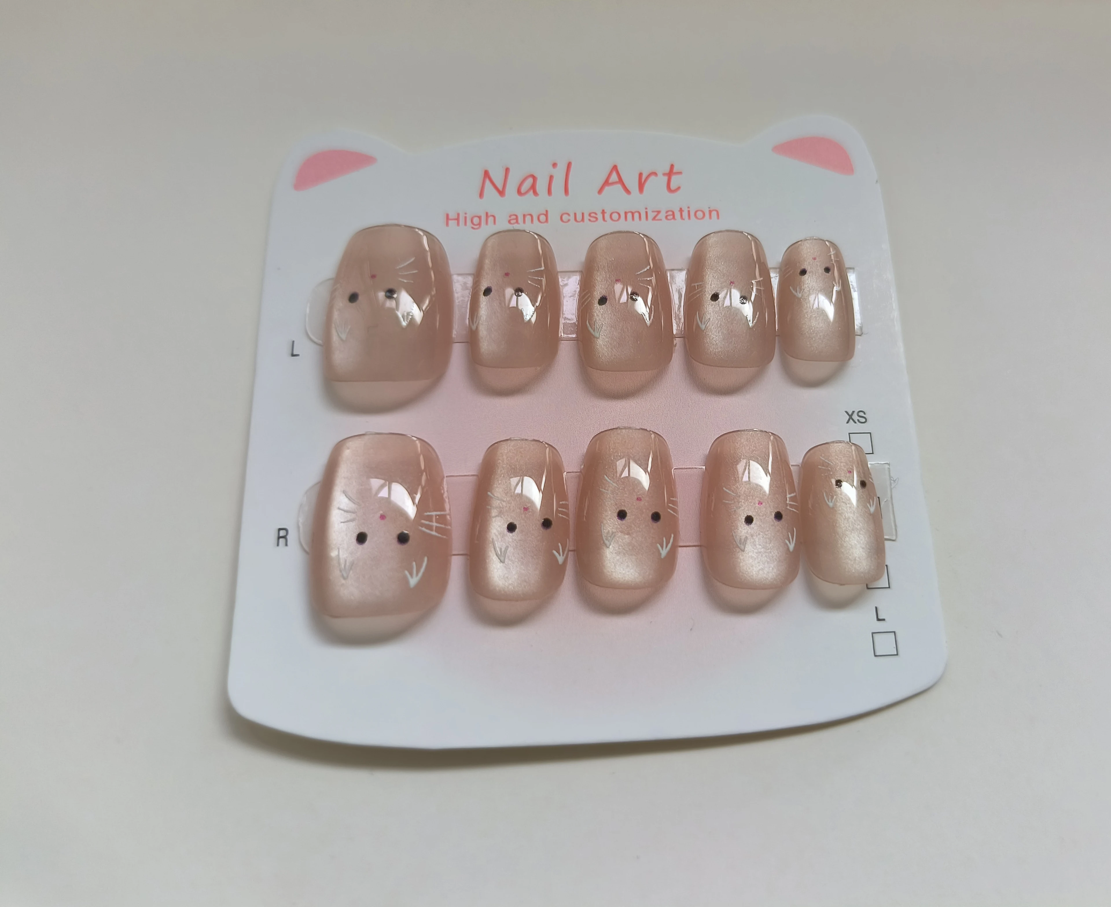 10 stuks korte valse nepnagels tips glitter lijm op met cartoon kat ontwerpen amandel handgemaakte acryl meisjes nagels druk op