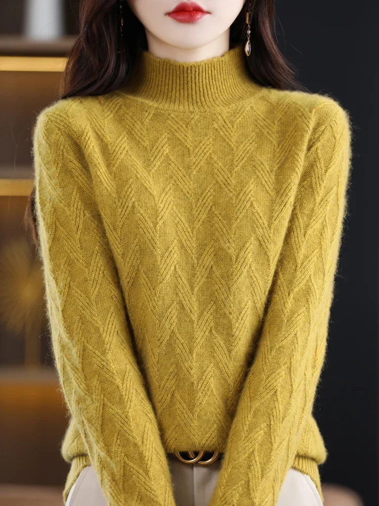 

Women Winter Sweater Mock Neck Long Sleeve Thick Pullover 100% Merino Wool Twist Solid Cashmere Knitted Jumper Fashion B104