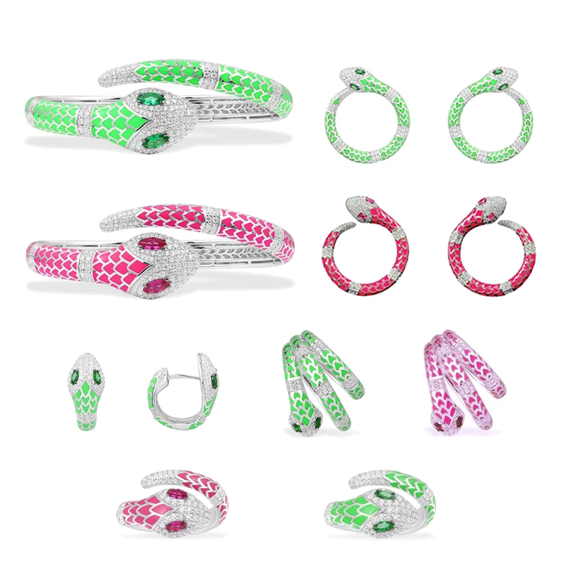 

Komm S925 Sterling Silver Green Pink Snake Ring Earrings Bracelet Women Exaggerated Animal Luxury Banquet Fashion Party Jewelry