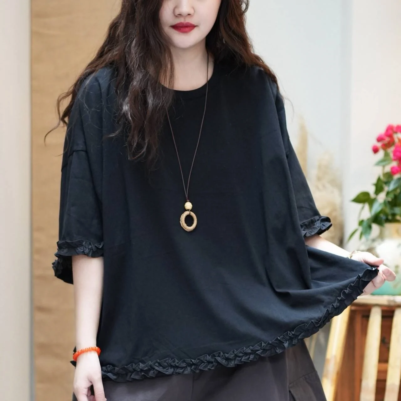 

Black Round-neck Ruffled Mid-sleeve T-shirt Women New Summer Style Loose Casual Cotton Top XY271