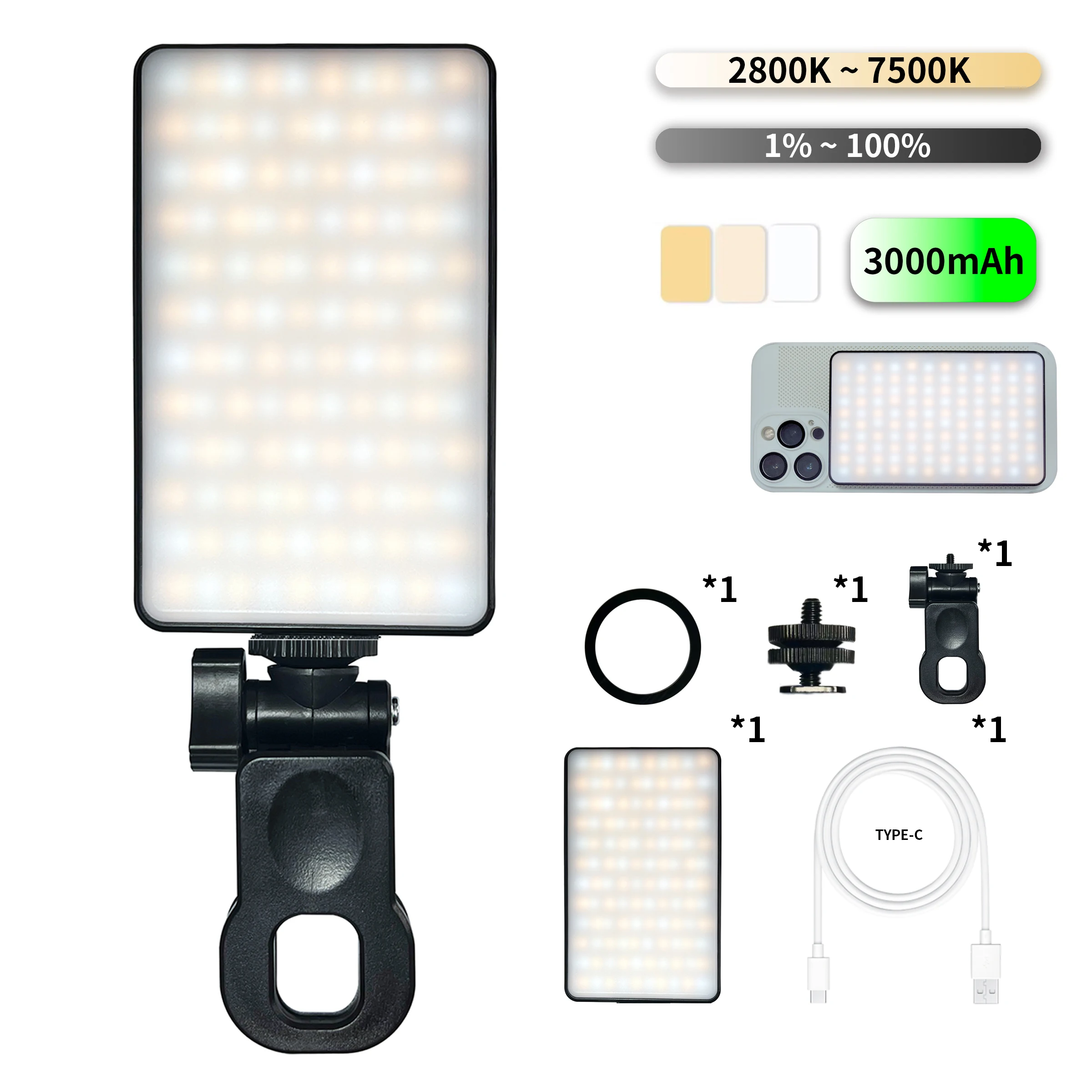1 Stück wiederaufladbares magnetisches LED-Selfie-Licht, 3 Modi dimmbares Licht, 3000 mAh, 120 LEDs, Clip-On für Telefon/Laptop/PC, Make-up, Video