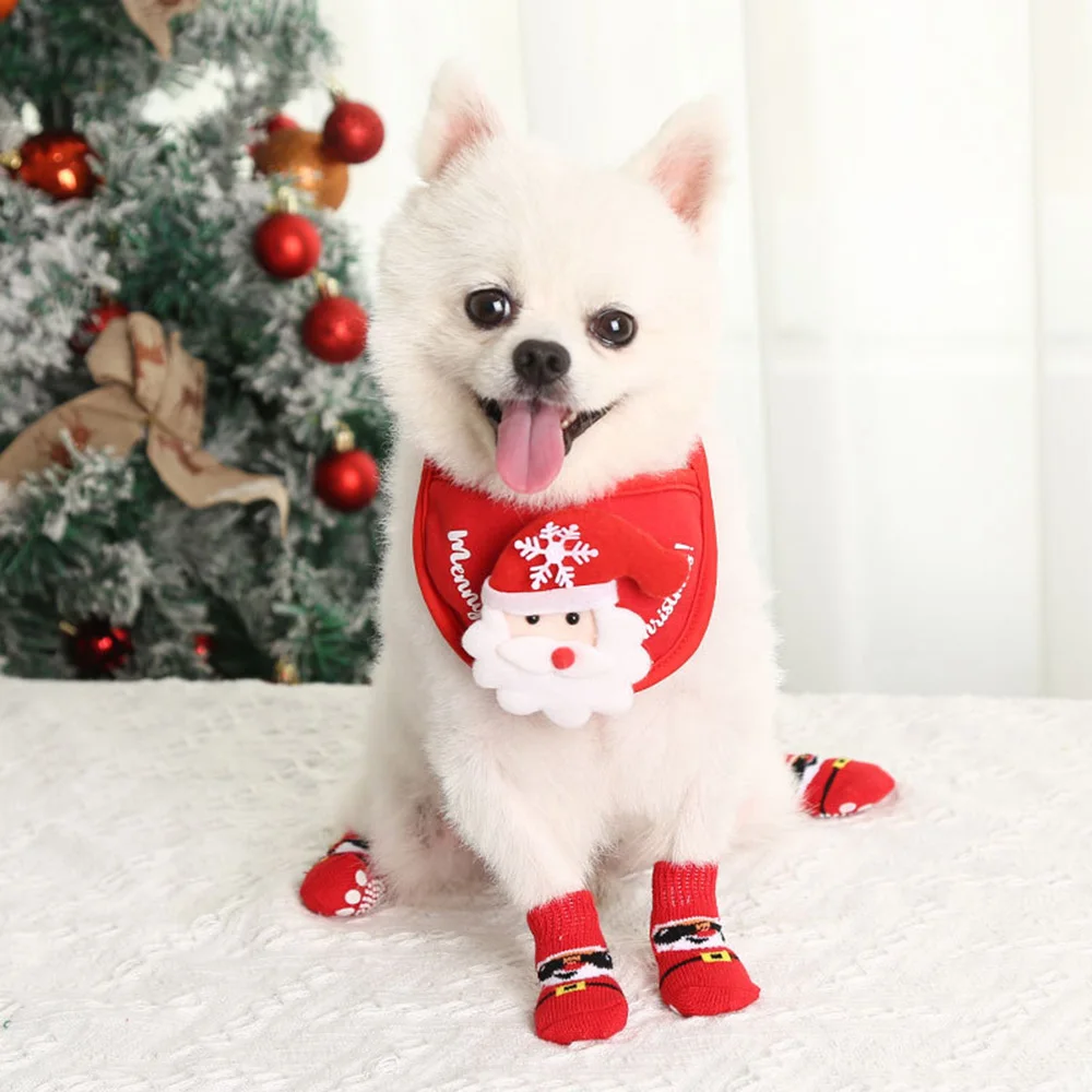 4Pcs Christmas Pattern Pet Socks Set Small Dogs Anti Slip Cat Socks Knitted Paw Protector Cute Comfortable Puppy Foot Covers