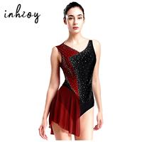 Womens Figure Ice Skating Costume Ballet Lyrical Dance Gymnastics Leotard Dress Rhinestone Sleeveless Performance Dance Dress