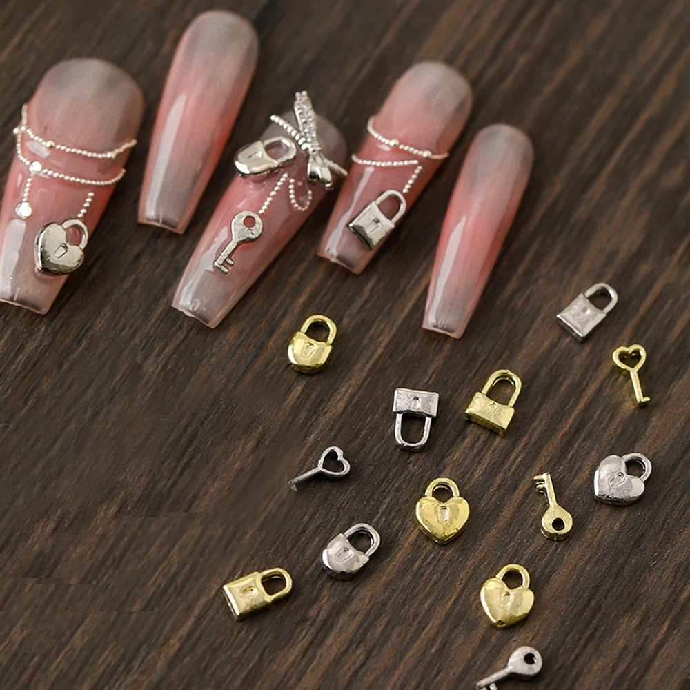 

20Pcs Gold Silver Lock Key Nail Art Charm 3D Exquisite Hollow Heart Lock Key Nail Ornament DIY Creative Alloy Nail Accessories