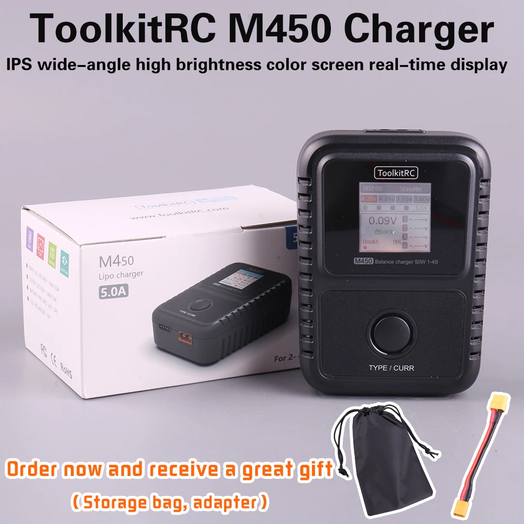 ToolkitRc M450 50W Balance Battery Charger IPS Colorful Display Compatable with 1~4S Lipo LiHv LiFe Lipo For RC Airplane Car Toy