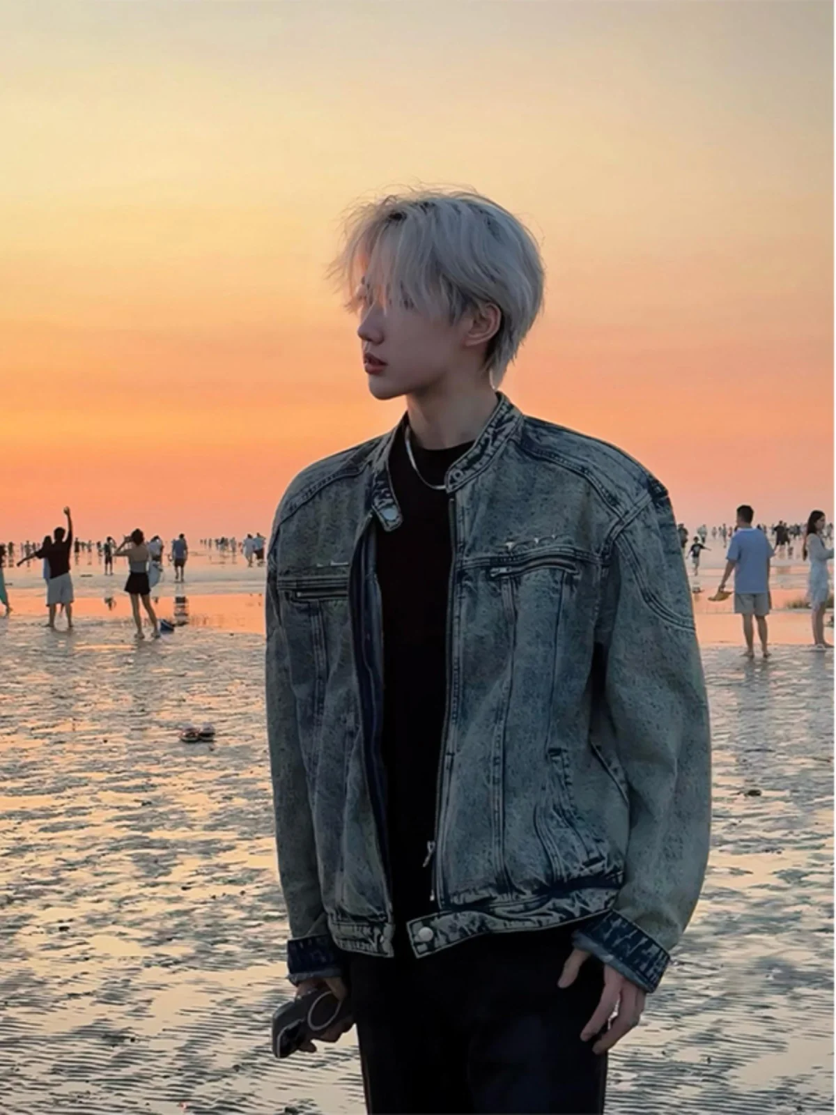 

oulder Padded ort Men's Denim Jaet American Retro Sle Stand Collar Zipper Closure Long Sve Casual Outerwear