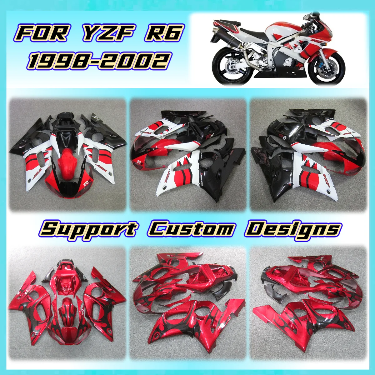 

1998-2002 YZF R6 Fairing Kit for Yamaha YZFR6 98-02 Motorbike ABS Injection Body kit Cowling Components Fairings