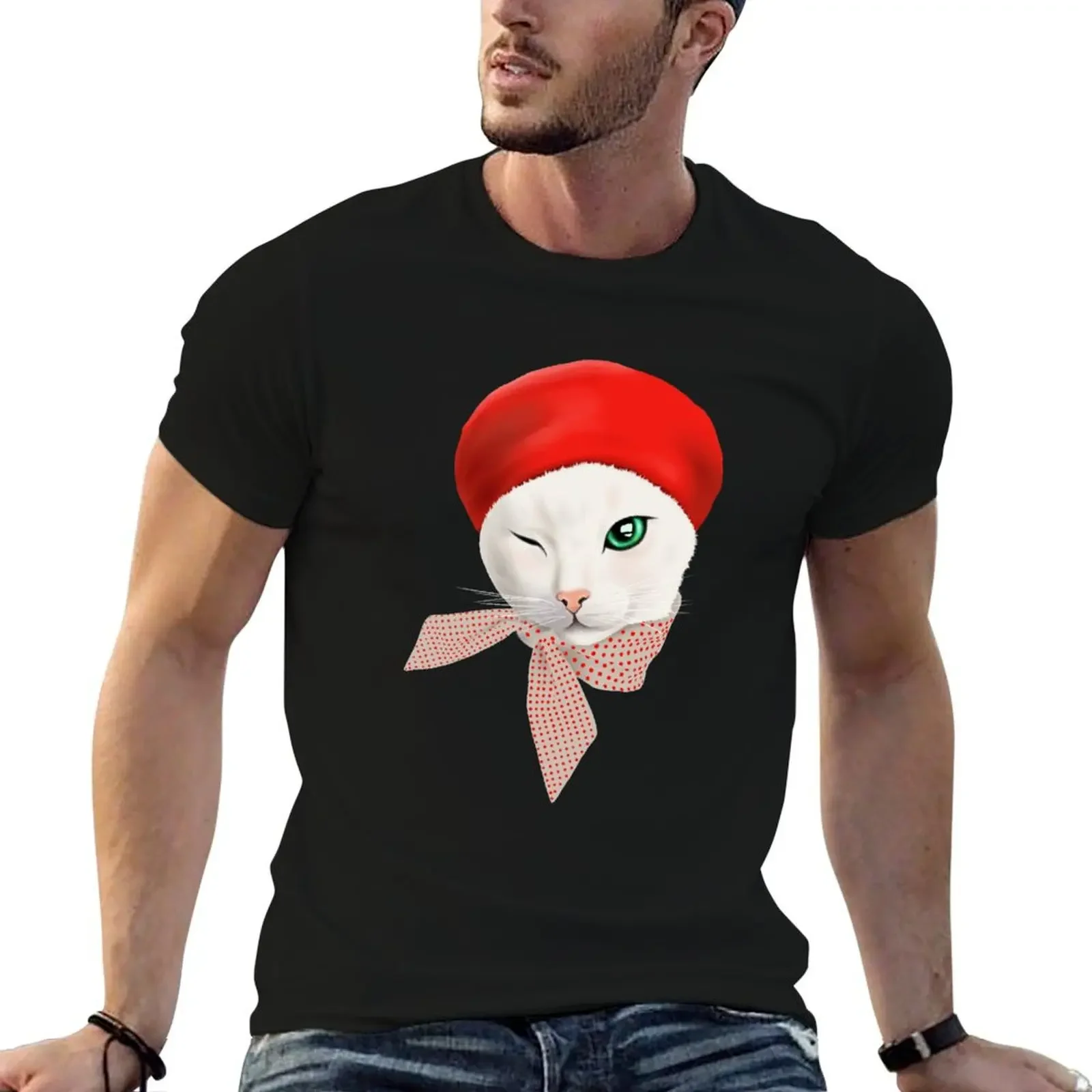 French Cat in beret T-Shirt funny costumes summer shirt luxury t-shirt blue lock tshirts for men