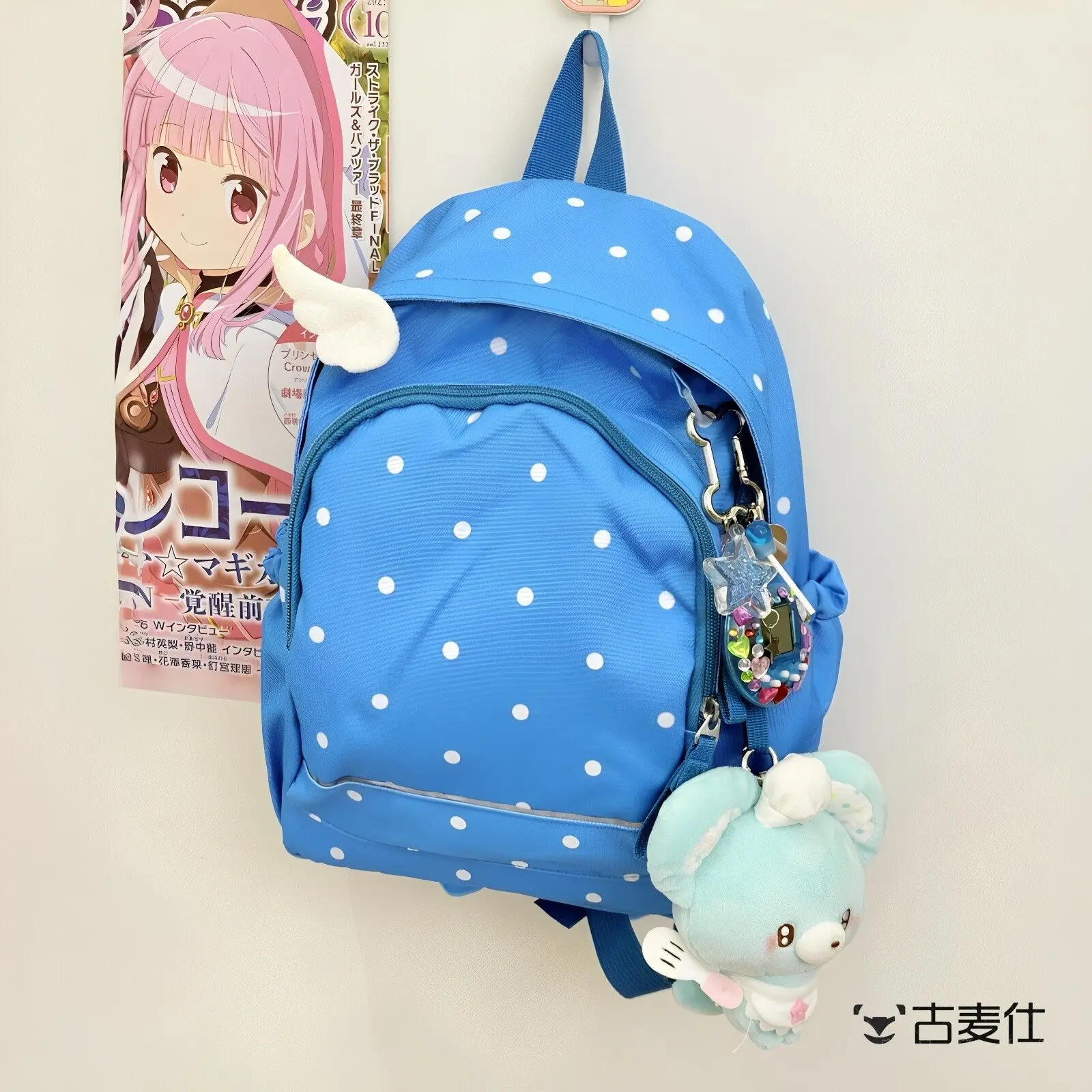 korean-saturated-blue-polka-dot-women's-backpack-lightweight-large-capacity-traveling-school-commuting-photography-bag