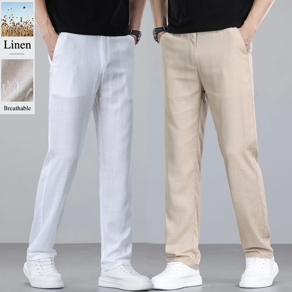 Freizeithose aus Leinenmischung für Herren, Sommer, leicht, dünn, atmungsaktiv, modische Passform, gerade geschnitten, Business- und Freizeithose