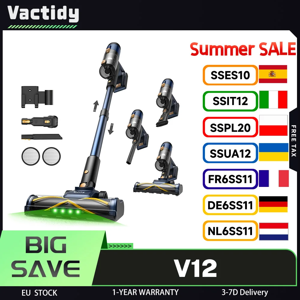 Aspirateur sans fil Vactidy V12, aspiration de 50 000 Pa, moteur de 450 W, aspirateur sec et humide 2 en 1, écran LED, autonomie de 50 minutes, capacité de 0,5 L
