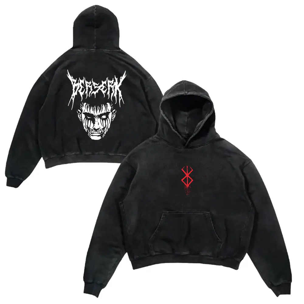 Anime Berserk Retro Washed Hoodies Black Guts Print Vintage 100% Cotton Hooded Sweatshirts Oversize Hip Hop Male Pullover