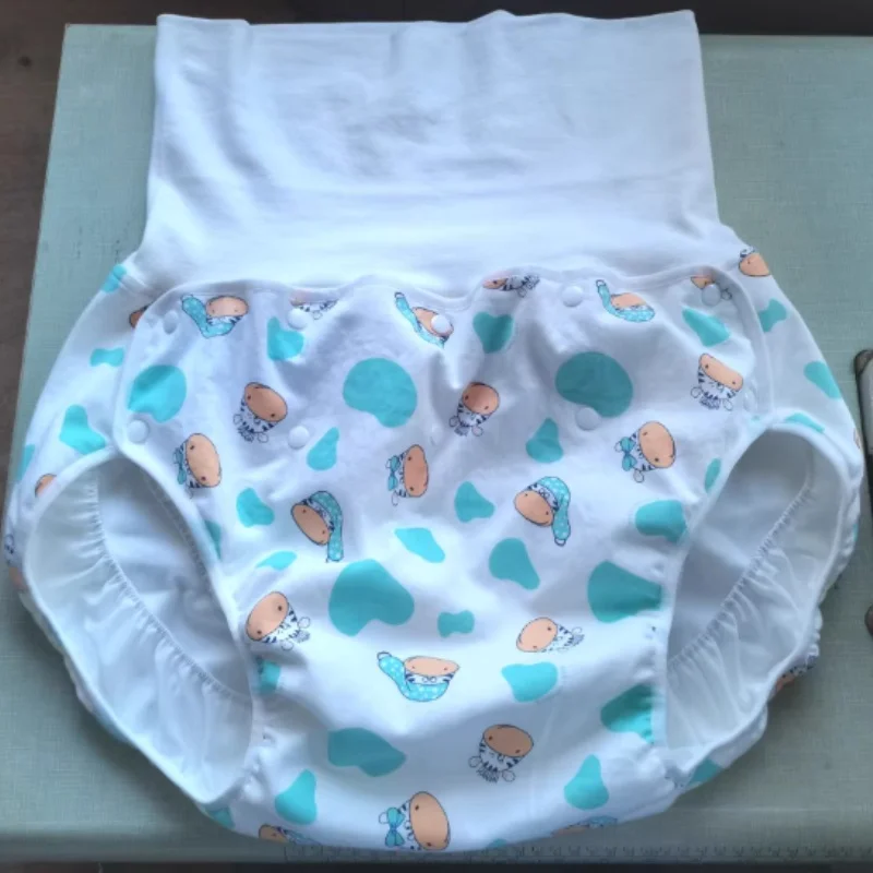 

ABDL High Waist Belly Diaper Pants Adult Baby Cartoon Print Briefs Pure Cotton Panties Leak Proof Nappy Cover Role-play Clothing