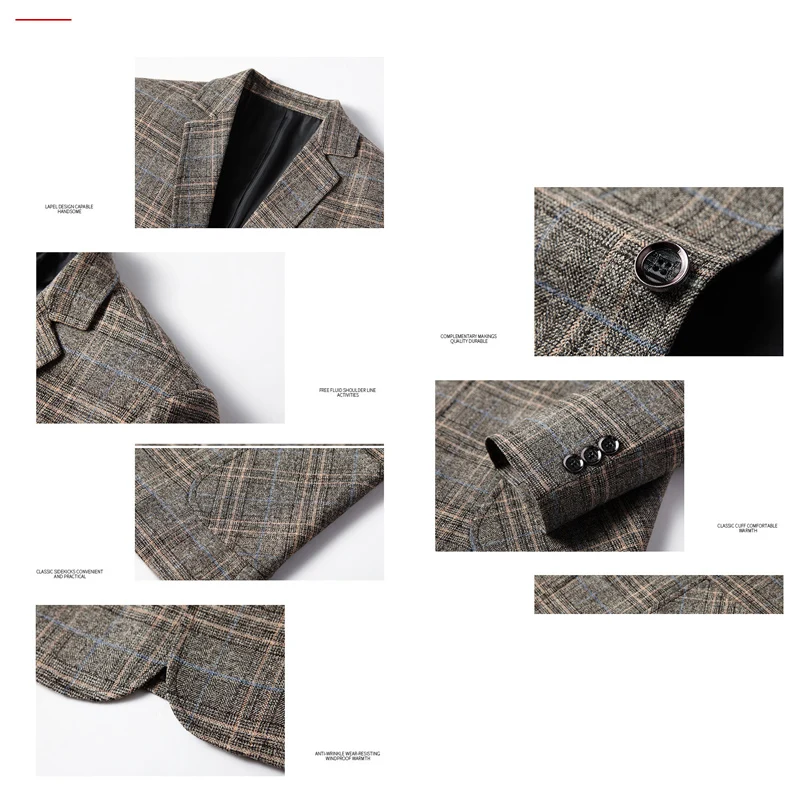BROWON-Blazer Slim Fit à carreaux pour hommes, manches longues, blazer décontracté intelligent, manteau de mariage, vêtements pour hommes,