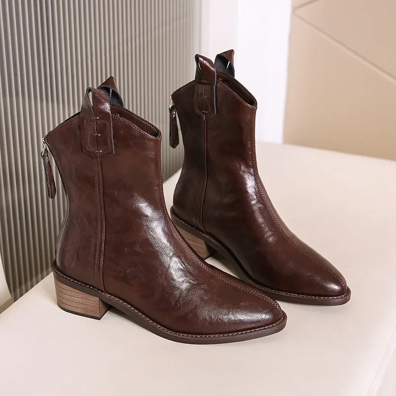Botines puntiagudos para mujer, nuevas botas de montar francesas de otoño/invierno, boca en V, cuero suave, marrón, tacón grueso, botas de vaquero del oeste