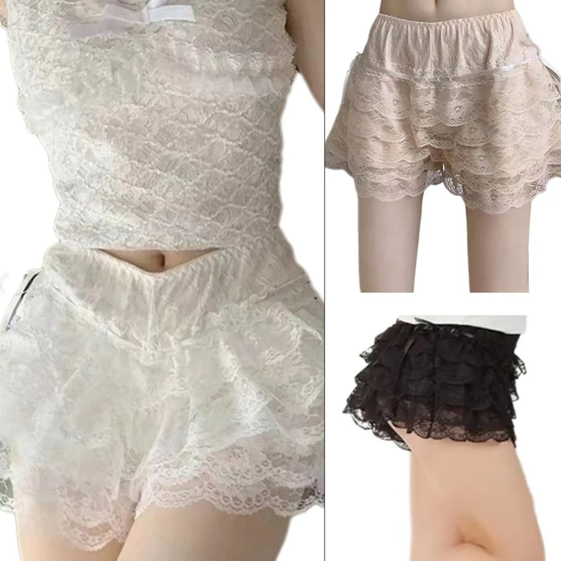 

Women Tiered Lace Bloomers Drawstrings Bowknot Shorts Frilly Knicker Safety Pant