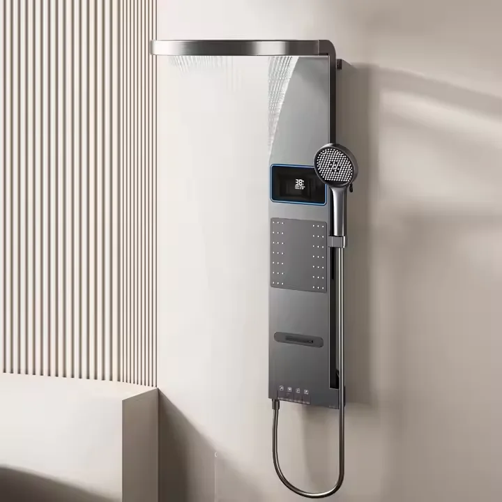 ชุดฝักบัวอาบน้ำทรงกลมทันสมัย พร้อมหัวฝักบัวนวดแบบนุ่มนวล หัวฝักบัวแบบเรนชาวเวอร์สีเทา ชุดน้ำตกสำหรับโรงแรม แกนวาล์วเซรามิก