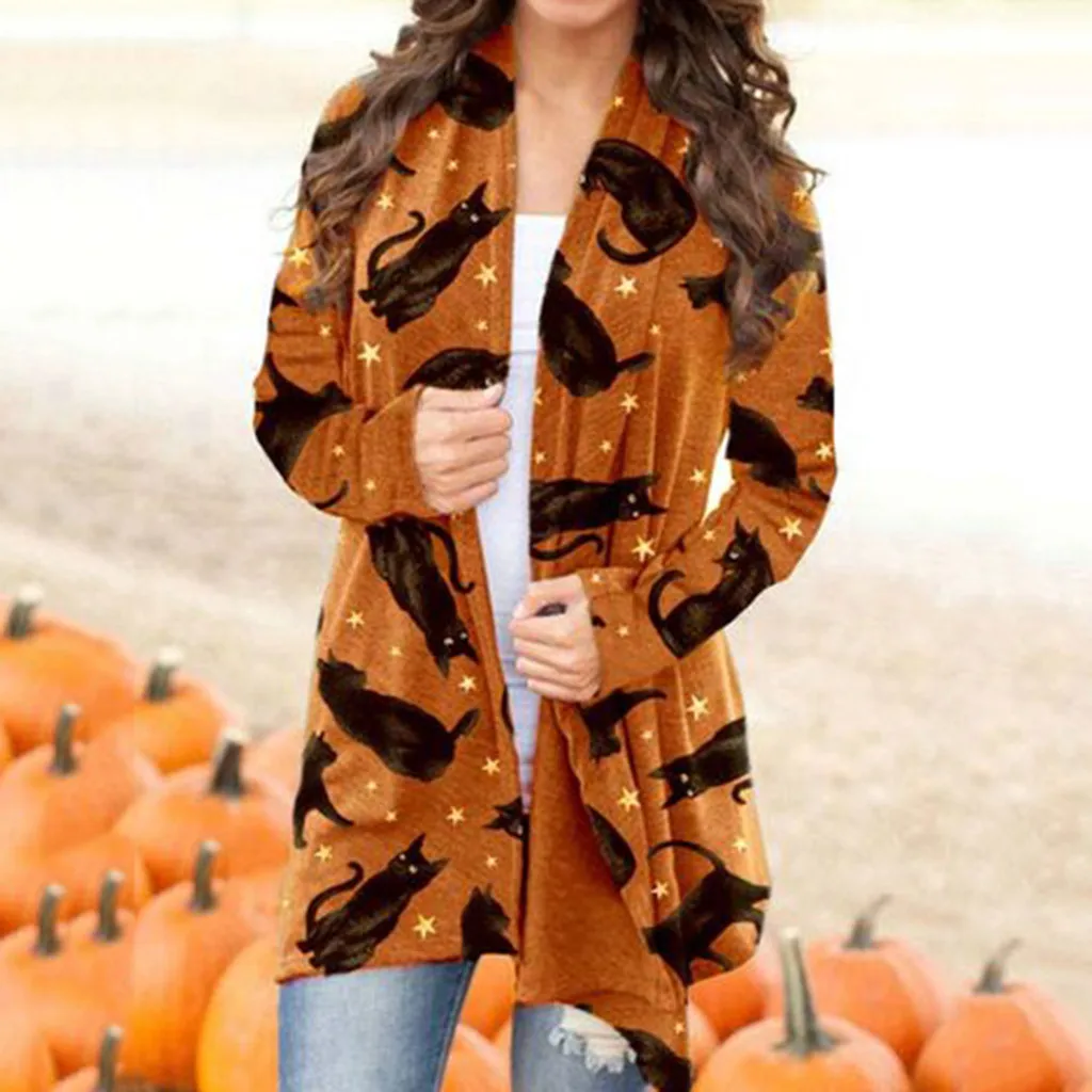 Women Halloween Cardigan Animal Cat Pumpkin Print Cardigan Coat 2024 Halloween Party Cardigan