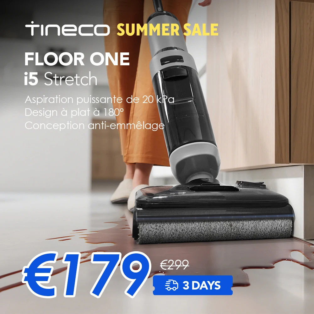 Aspirateur sec et humide extensible Tineco FLOOR ONE i5, aspiration et lingettes 2 en 1, 180 °   Aspirateur Lay-Flat Wash, aspiration 20 kPa, nettoyage des bords double face, autonomie de 30 min,