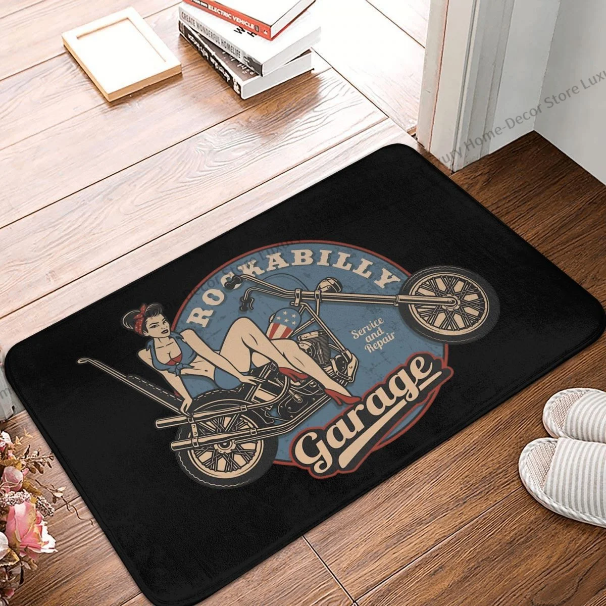 Bathroom Mat Vintage Pin Up Girlon Bike Service Doormat Flannel Carpet Balcony Rug Home Decoration