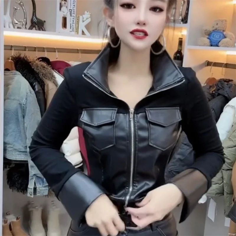 Chaqueta de cuero fina de diseño a la moda, chaquetas de cuero para mujer, abrigo corto de motocicleta con bolsillo y empalme de cuero, primavera y otoño