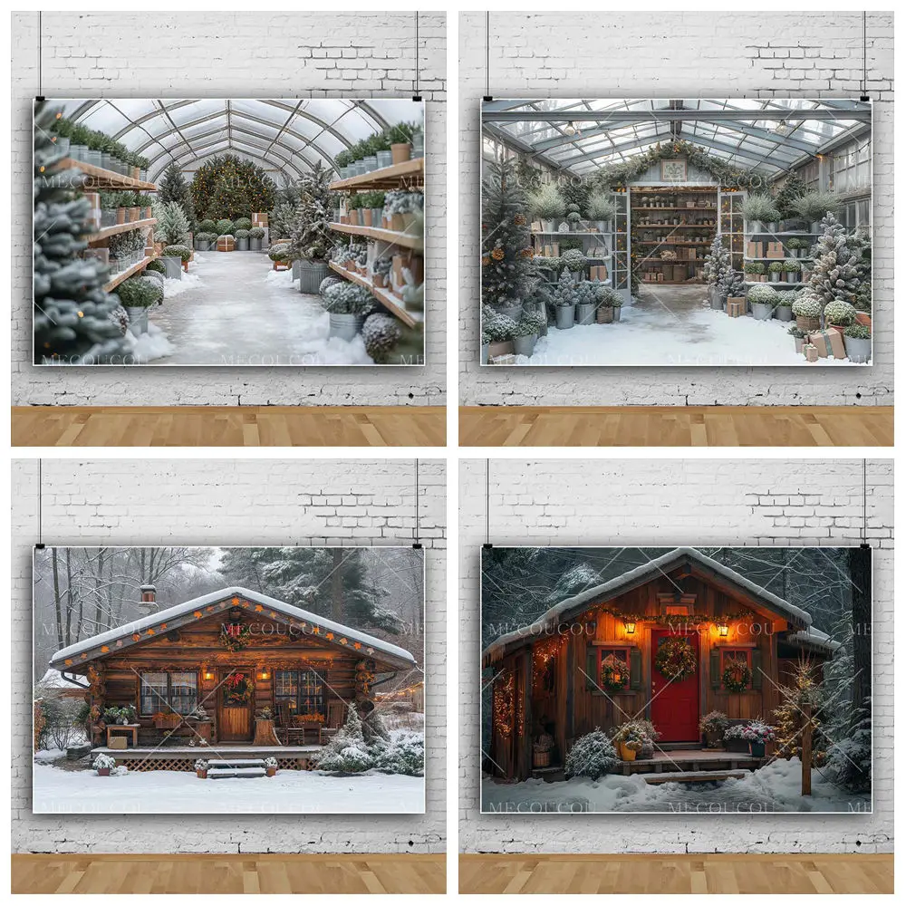 

Winter Snow Scene Wonderland Barn Wooden House Background Custom Christmas Home Decoration Banners Provide Portrait Photography
