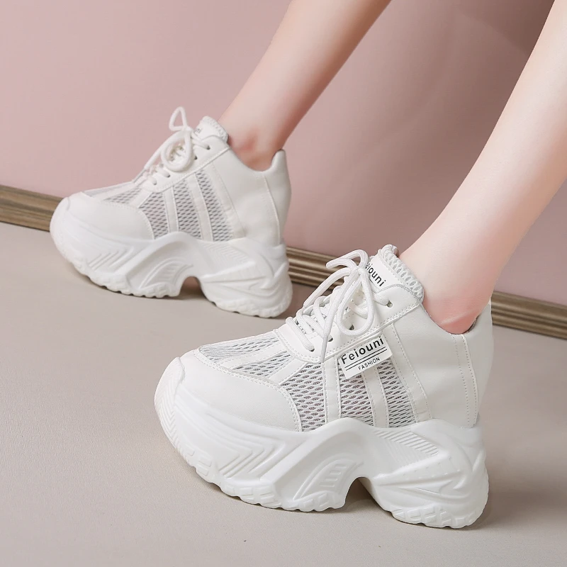 

7.5CM Women Platform Sneakers Lace-up Autumn Sports Dad Shoes High Top Chunky Casual Shoes Woman Thick Bottom Mesh White Shoes