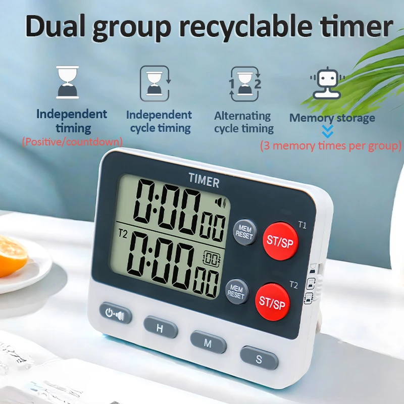 Digital Kitchen Timer 3 Storage Memories Timer Dual groups Independent/Alternating cycle timing Alarm Clock Mute Flashing Timer