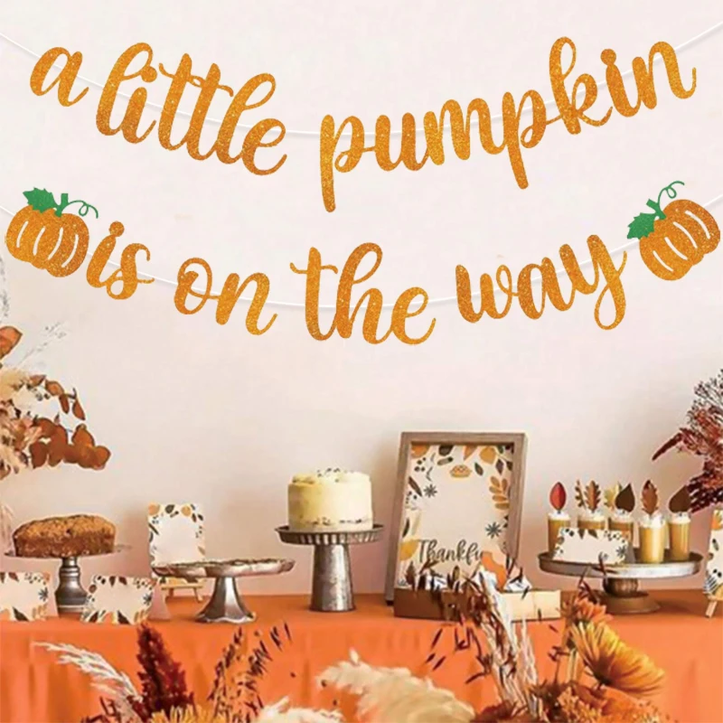 لافتة برتقالية لامعة "اليقطين صغير يطرق على الطريق" - لافتة كشف بين اليقطين لاستحمام الطفل ومستلزمات الخريف لعيد الشكر #2