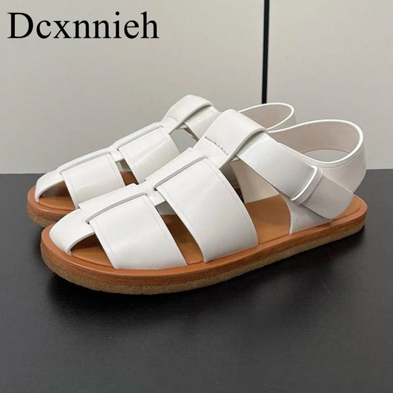 

Summer Genuine Leather Flat Thick Sole Sandals Women's Solid Color Sandalias Leisure Thick Bottom Beach Shoes Roman Sandals