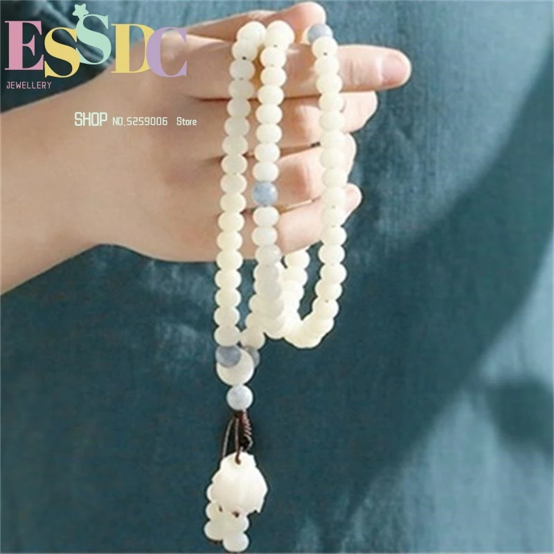 Original Designer Natural White Bead with Bodhi Root Lotus Buddhist 108 Mala Bracelet Elegant Lady Jewelry Wholesale