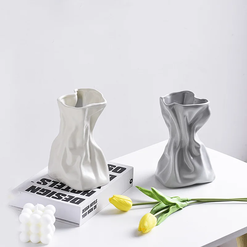 DIY Large Pleated Pocket Vase Silicone Mold Nordic Style Bag Shaped Vase Concrete Cement Gypsum Home Dec Silicone Mould