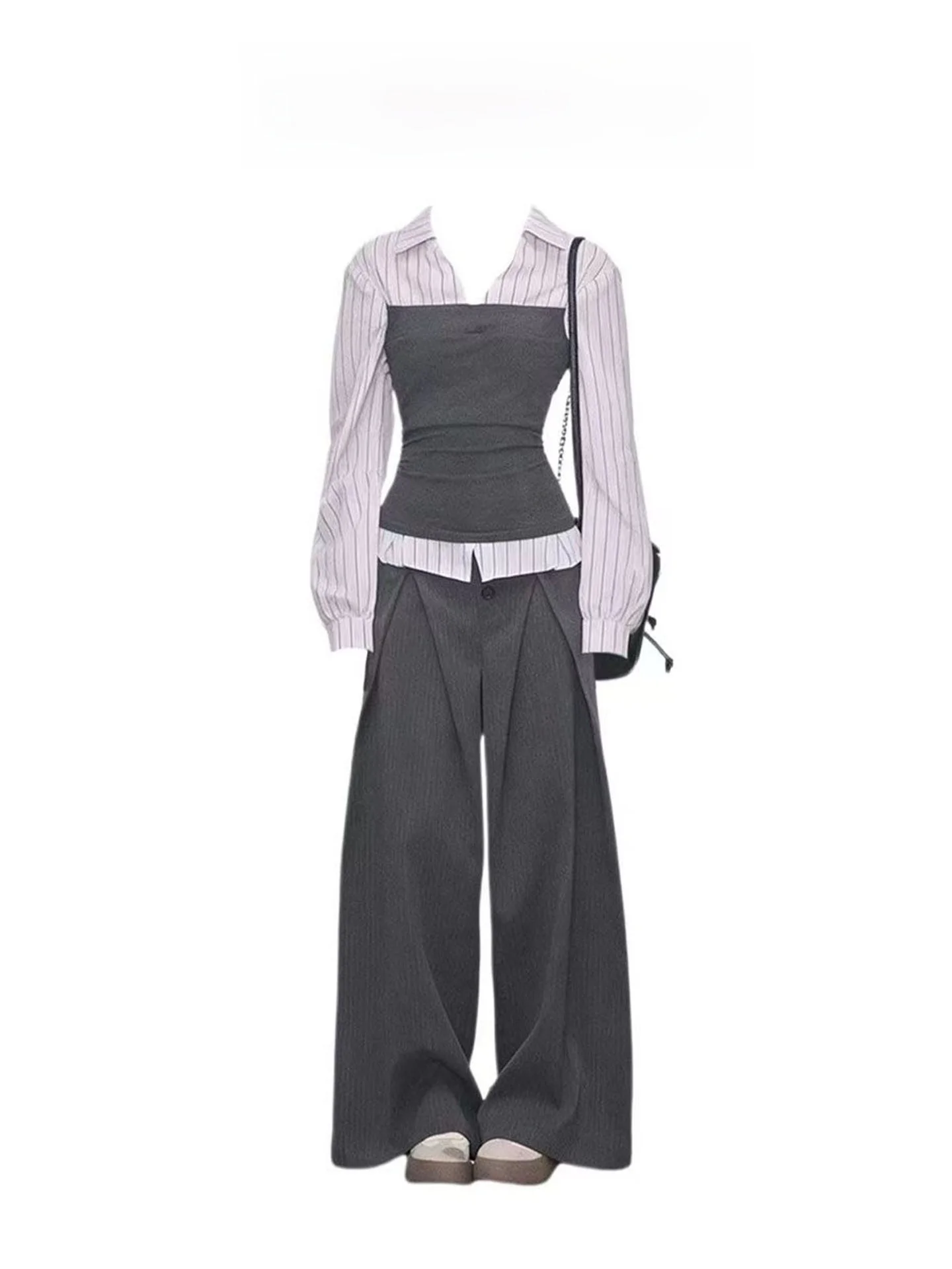 

Korean Sle Women's Spring 2026 High-End Striped irt Top Wide Leg Pants Two-Piece Set Faionable Casual Commute Wear