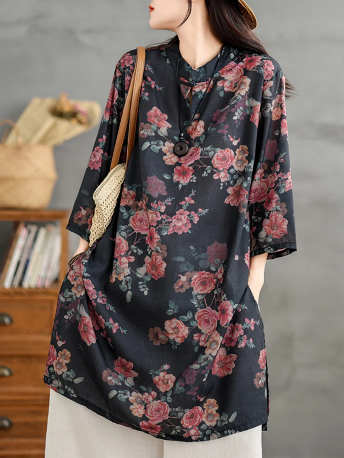 Damen Loose Fit Leinen Print irt Sommer Vintage Stehkragen Button up Midi Dr Casual Pendeln Sle Blumenstickerei