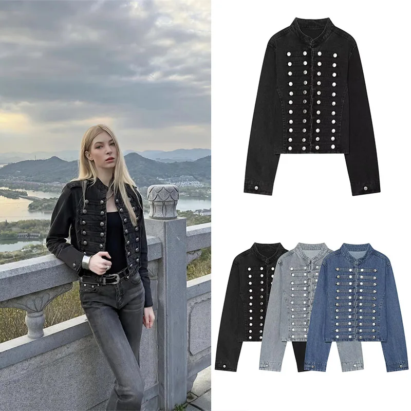 Guobioziy Women's Slim-Fit Denim Jacket 2026 Autumn/Winter New Arrival Solid Color with Stud Design European Casual TrendyStreet