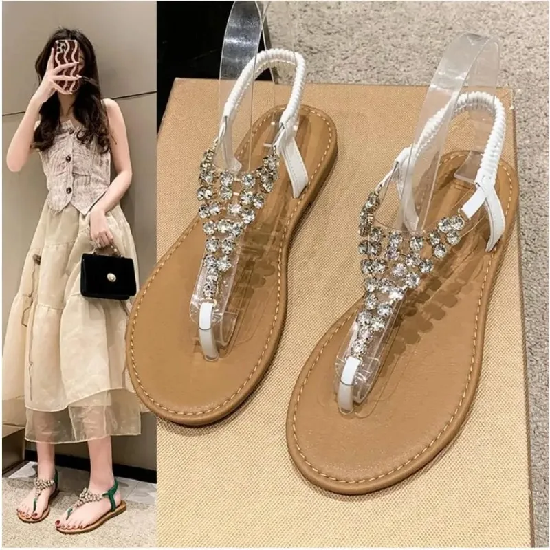 Womens Bohemia Sandal Luxur Rhinestone Fashion Clip-toe Sandals   Outdoor Slip-On Flat Slippers Summer Holiday Non-Slip Sandlias