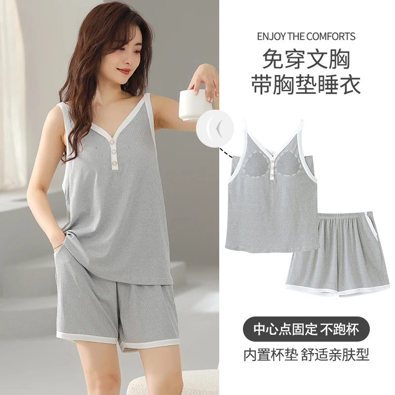 Big Size M-4XL Summer Women solid Pajamas set with chest pad women ice silk sweet sling sleepwear